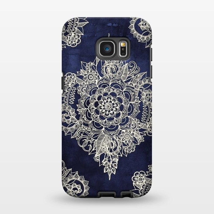 Galaxy S7 EDGE StrongFit Cream Floral Moroccan Pattern on Deep Indigo Ink by Micklyn Le Feuvre