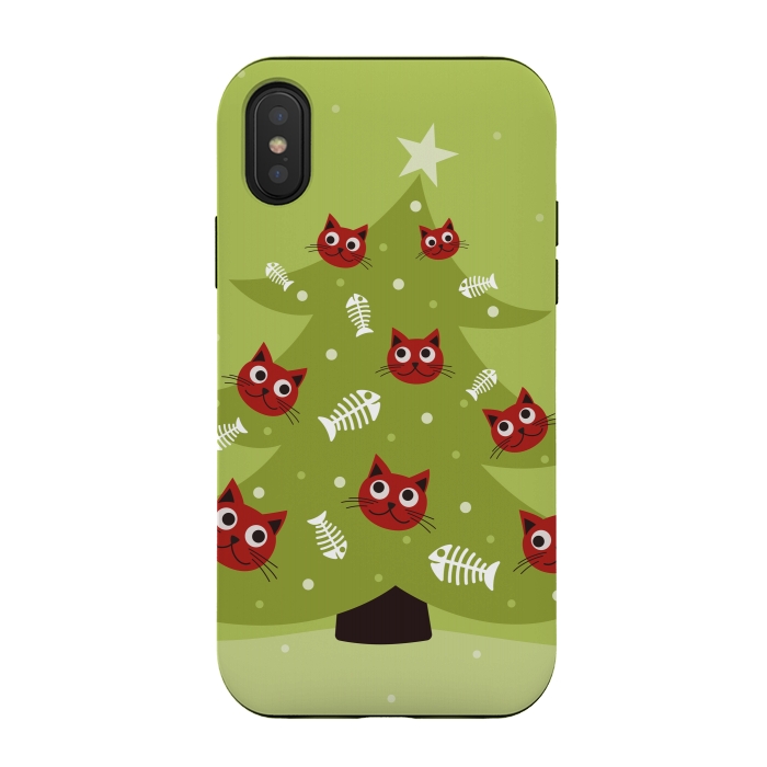 iPhone Xs / X StrongFit Cat Christmas Tree With Fish Ornaments by Boriana Giormova