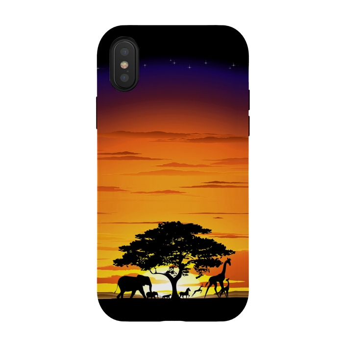 iPhone Xs / X StrongFit Wild Animals on African Savanna Sunset  by BluedarkArt