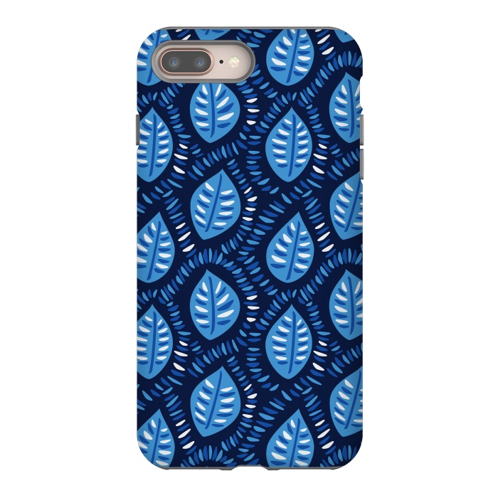 iPhone 7 plus StrongFit Blue Decorative Geometric Leaves Pattern by Boriana Giormova