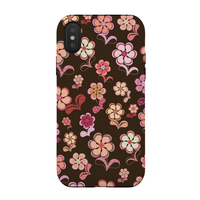 iPhone Xs / X StrongFit 60s Flowers on Chocolate Brown by Paula Ohreen