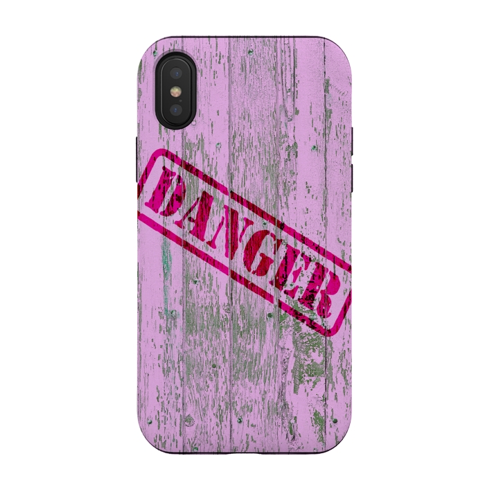 iPhone Xs / X StrongFit Pink Danger Sign On Old Wooden Planks by Andrea Haase