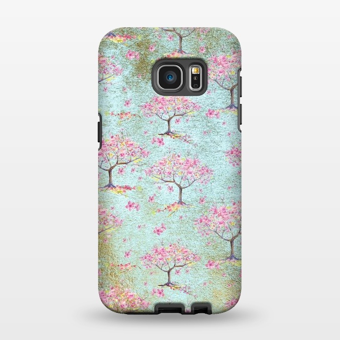Galaxy S7 EDGE StrongFit Shiny Teal Spring Metal Cherry Blossom Tree Pattern by  Utart