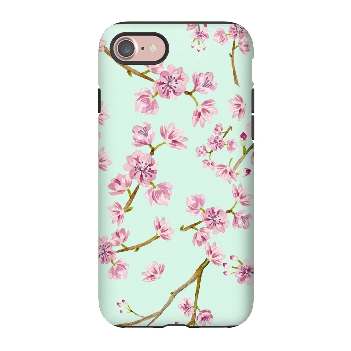iPhone 7 StrongFit Aqua Teal and Pink Cherry Blossom Branch Spring Pattern by  Utart