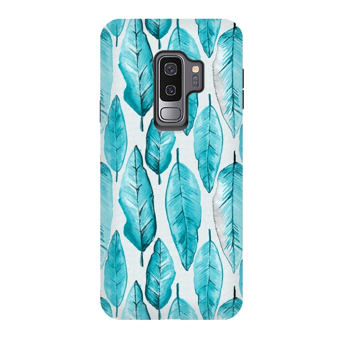 Galaxy S9 plus StrongFit Turquoise Watercolor Feathers by Andrea Haase