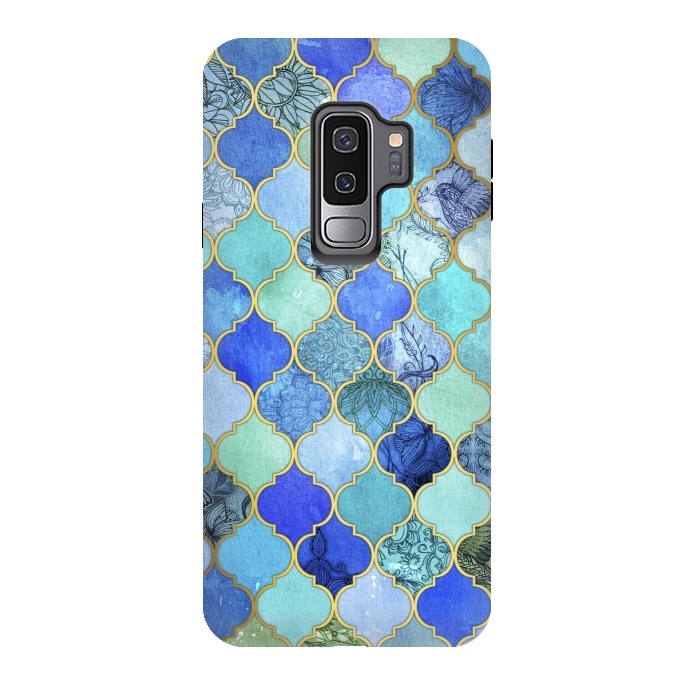 Galaxy S9 plus StrongFit Cobalt Blue Aqua and Gold Decorative Moroccan Tile Pattern by Micklyn Le Feuvre