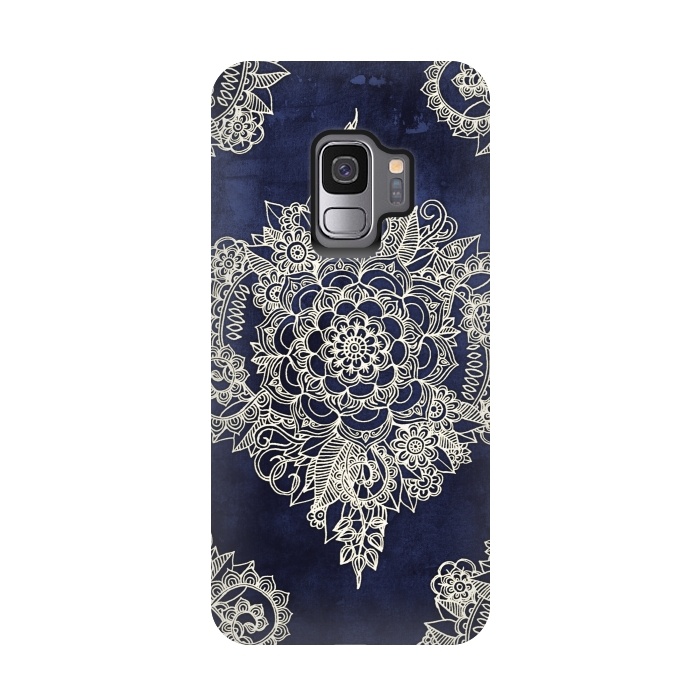 Galaxy S9 StrongFit Cream Floral Moroccan Pattern on Deep Indigo Ink by Micklyn Le Feuvre
