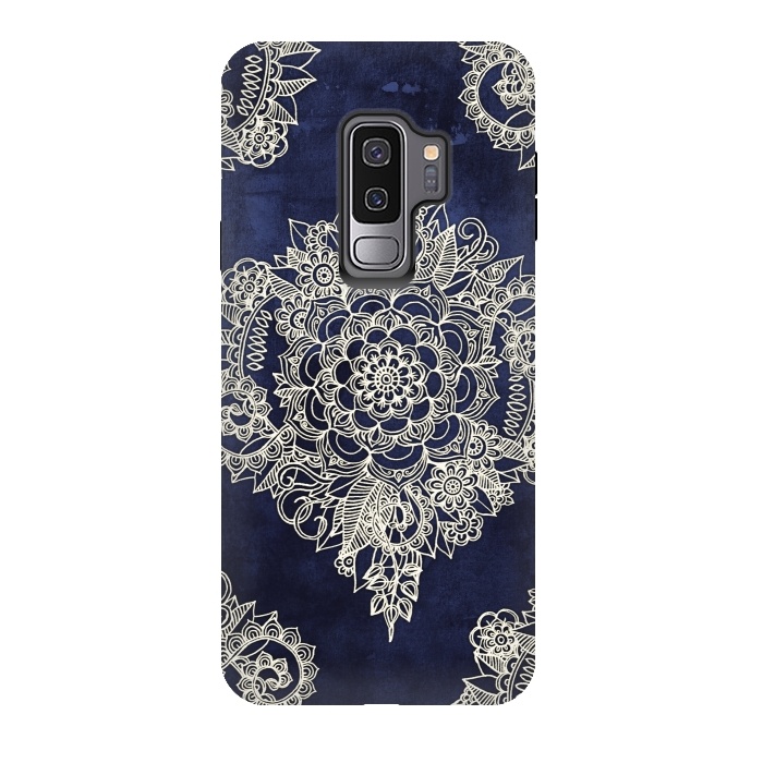 Galaxy S9 plus StrongFit Cream Floral Moroccan Pattern on Deep Indigo Ink by Micklyn Le Feuvre