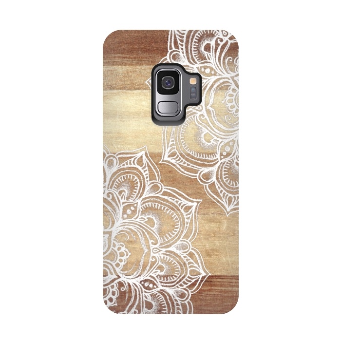 Galaxy S9 StrongFit White doodles on blonde wood by Micklyn Le Feuvre