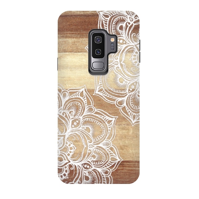 Galaxy S9 plus StrongFit White doodles on blonde wood by Micklyn Le Feuvre