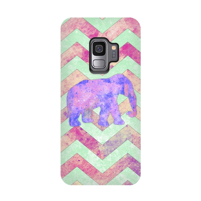 Galaxy S9 StrongFit Elephant Mint Green Chevron Pink Watercolor by Girly Trend