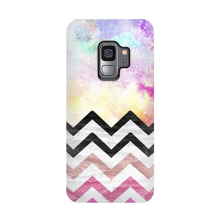 Galaxy S9 StrongFit SC Watercolor Nebula Space Pink ombre Wood Chevron by Girly Trend