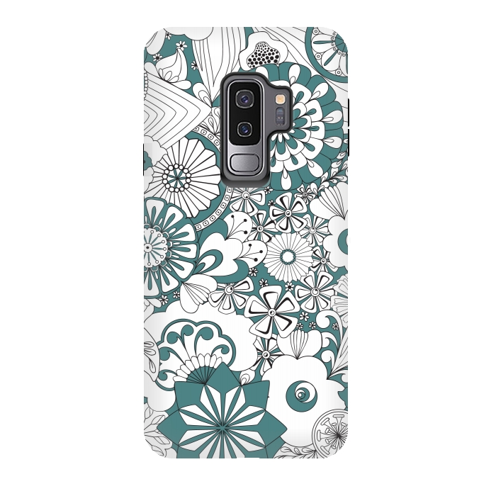 Galaxy S9 plus StrongFit 70s Flowers - Blue and White by Paula Ohreen
