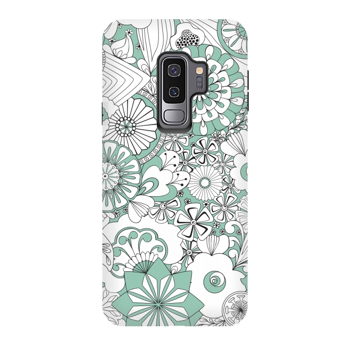Galaxy S9 plus StrongFit 70s Flowers - Mint Green and White by Paula Ohreen