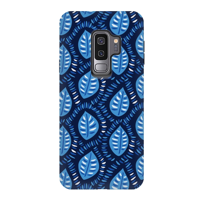 Galaxy S9 plus StrongFit Blue Decorative Geometric Leaves Pattern by Boriana Giormova