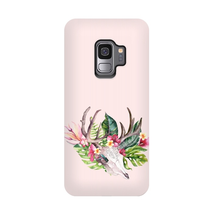 Galaxy S9 StrongFit BOHO  Skull with tropical flowers and foliage by  Utart