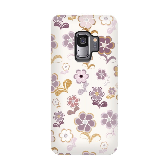 Galaxy S9 StrongFit 60s Flowers in Purple and Mustard by Paula Ohreen