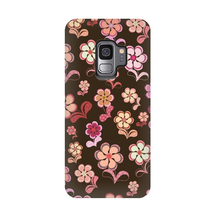 Galaxy S9 StrongFit 60s Flowers on Chocolate Brown by Paula Ohreen
