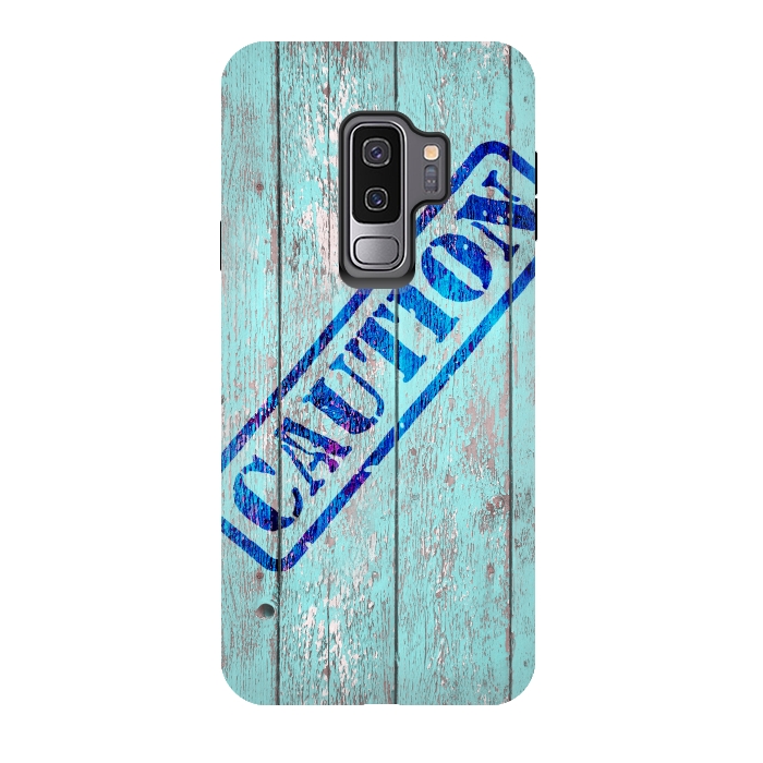 Galaxy S9 plus StrongFit Caution Sign On Old Wooden Plank by Andrea Haase