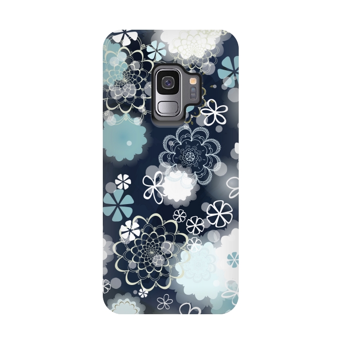 Galaxy S9 StrongFit Lacy Flowers on Dark Blue by Paula Ohreen