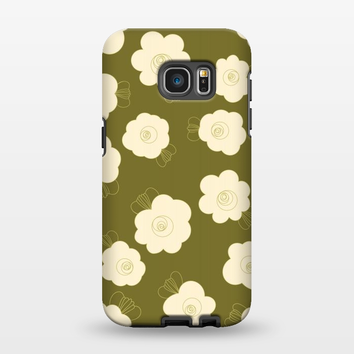 Galaxy S7 EDGE StrongFit Fluffy Flowers - Cream on Olive Green by Paula Ohreen