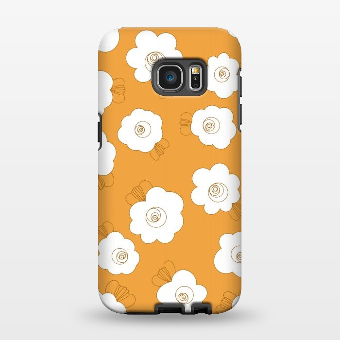 Galaxy S7 EDGE StrongFit Fluffy Flowers - White on Pumpkin Orange by Paula Ohreen