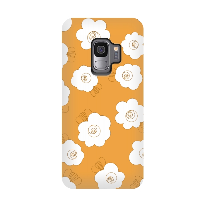 Galaxy S9 StrongFit Fluffy Flowers - White on Pumpkin Orange by Paula Ohreen