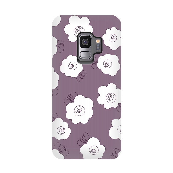 Galaxy S9 StrongFit Fluffy Flowers - White on Grape Purple by Paula Ohreen