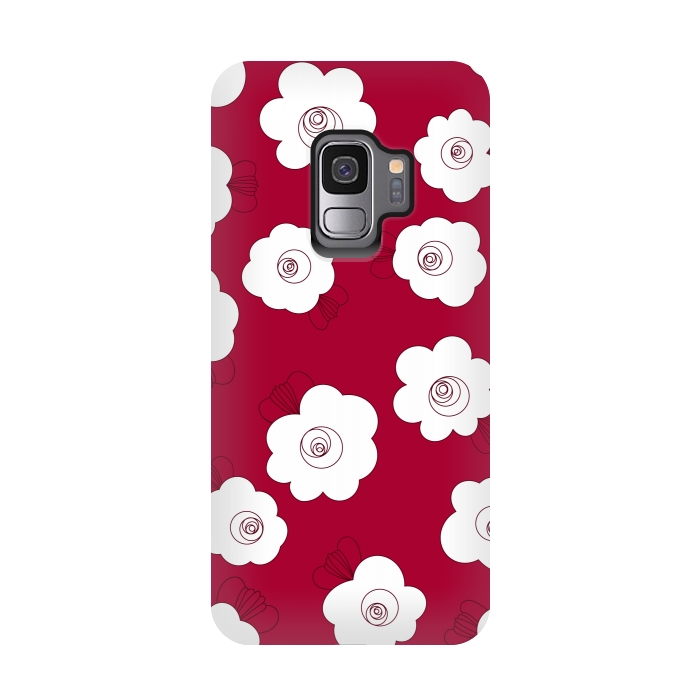 Galaxy S9 StrongFit Fluffy Flowers - White on Red by Paula Ohreen