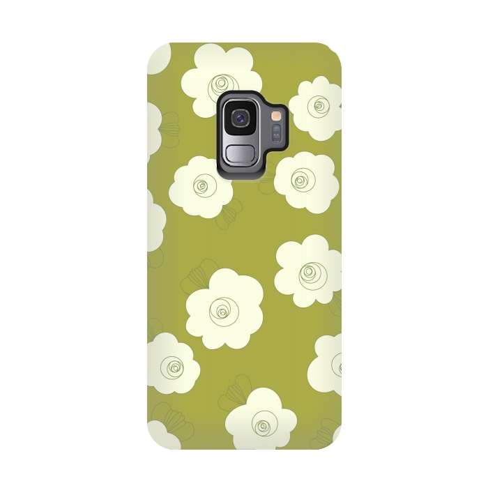 Galaxy S9 StrongFit Fluffy Flowers - White on Grass Green by Paula Ohreen