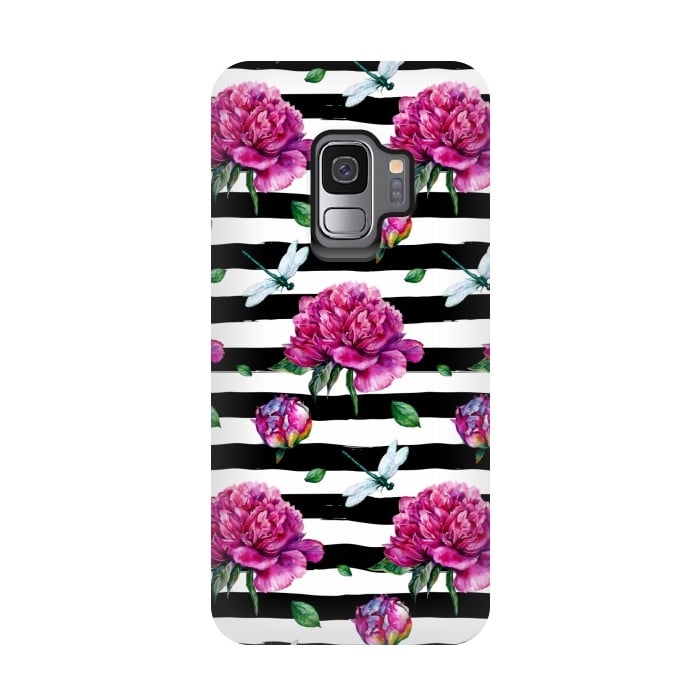 Galaxy S9 StrongFit Black Stripes and Peonies by  Utart