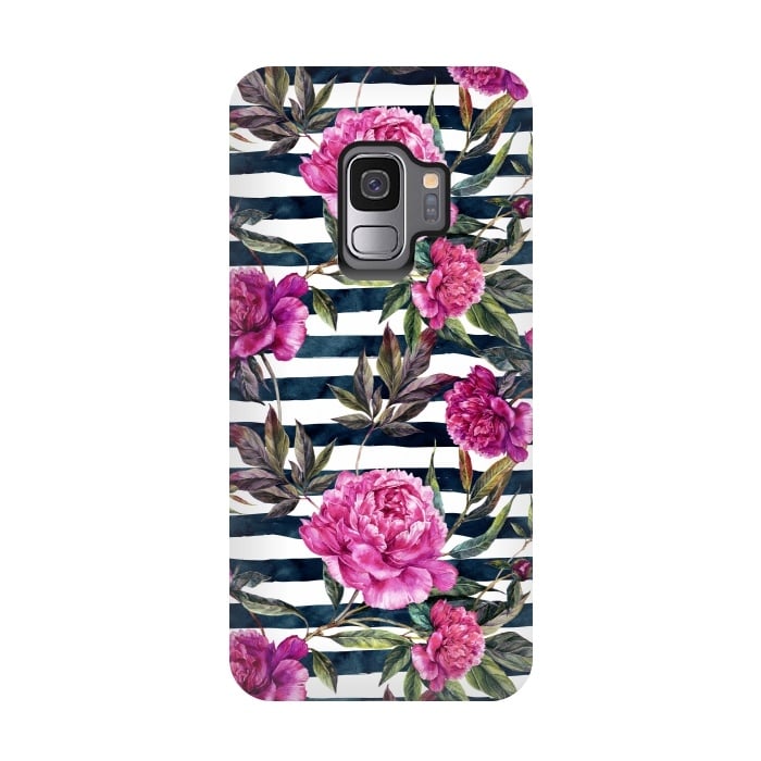 Galaxy S9 StrongFit Pink peonies and black stripes by  Utart