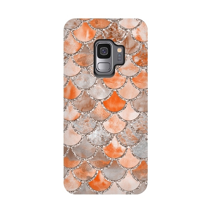 Galaxy S9 StrongFit Salmon Peach and Silver Glitter WAtercolor Mermaid Scales by  Utart