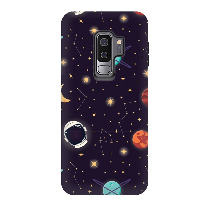 Galaxy S9 plus StrongFit Universe with planets, stars and astronaut helmet seamless pattern, cosmos starry night sky, vector illustration by Jelena Obradovic