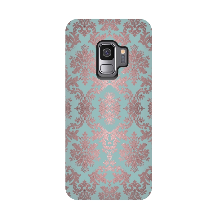 Galaxy S9 StrongFit Rose Gold Teal Damask Pattern 2 by Andrea Haase
