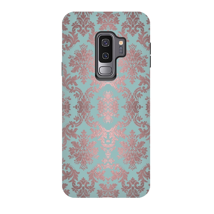 Galaxy S9 plus StrongFit Rose Gold Teal Damask Pattern 2 by Andrea Haase
