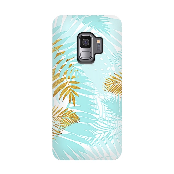 Galaxy S9 StrongFit Teal and Gold Palm Leaves by  Utart