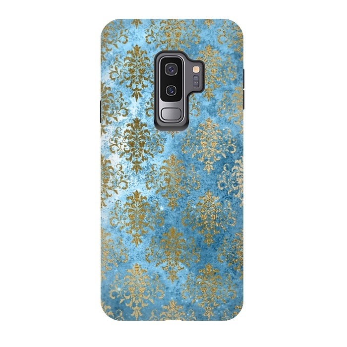 Galaxy S9 plus StrongFit Blue and Gold Trendy Vintage Damask Pattern by  Utart