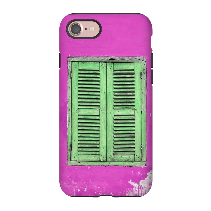iPhone 7 StrongFit Turquoise Green Shutters In Pink Wall by Andrea Haase
