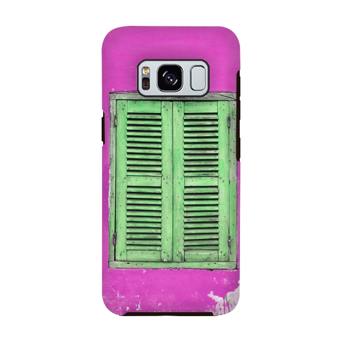 Galaxy S8 StrongFit Turquoise Green Shutters In Pink Wall by Andrea Haase