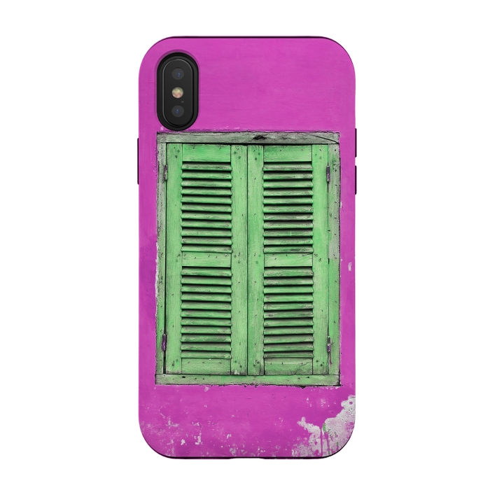 iPhone Xs / X StrongFit Turquoise Green Shutters In Pink Wall by Andrea Haase