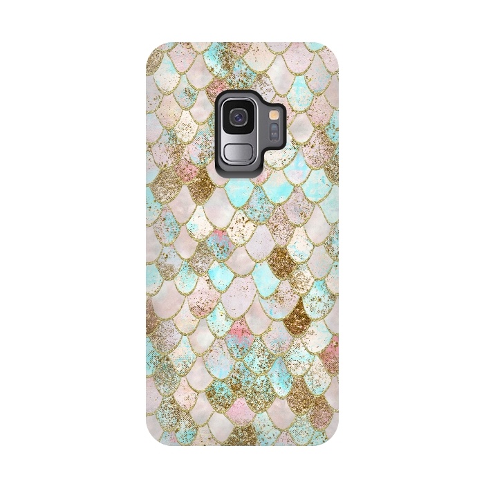 Galaxy S9 StrongFit Watercolor Wonky Gold Glitter Pastel Summer Mermaid Scales  by  Utart