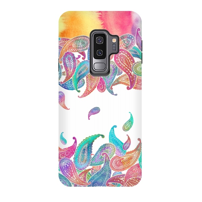 Galaxy S9 plus StrongFit Rainbow Paisley Rain on White by Micklyn Le Feuvre