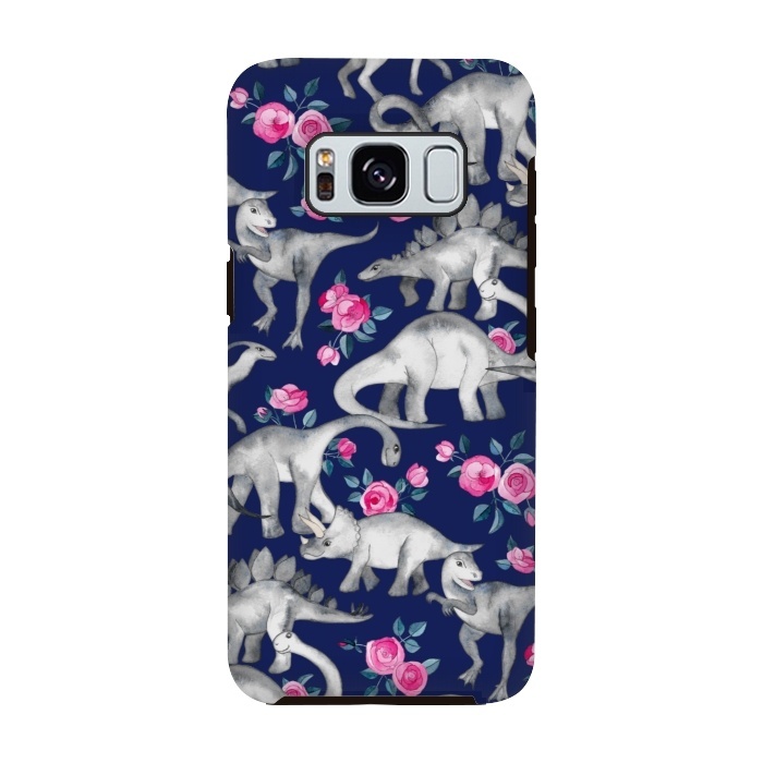Galaxy S8 StrongFit Dinosaurs and Roses on Dark Blue Purple by Micklyn Le Feuvre