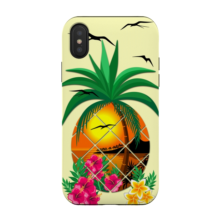 iPhone Xs / X StrongFit Pineapple Tropical Sunset, Palm Tree and Flowers by BluedarkArt