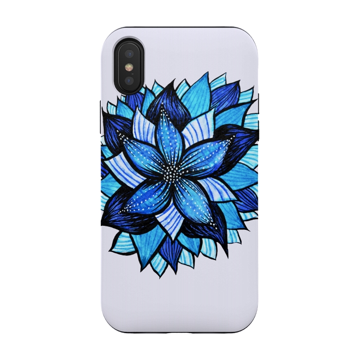 iPhone Xs / X StrongFit Beautiful Abstract Hand Drawn Zentangle Blue Flower by Boriana Giormova