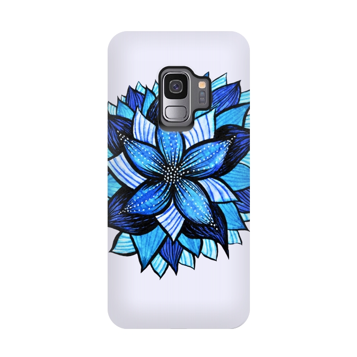 Galaxy S9 StrongFit Beautiful Abstract Hand Drawn Zentangle Blue Flower by Boriana Giormova