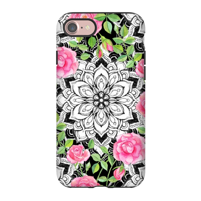 iPhone 7 StrongFit Peach Pink Roses and Mandalas on Black and White Lace by Micklyn Le Feuvre