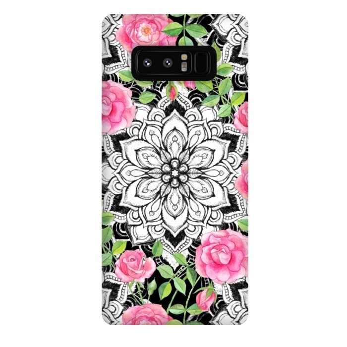 Galaxy Note 8 StrongFit Peach Pink Roses and Mandalas on Black and White Lace by Micklyn Le Feuvre