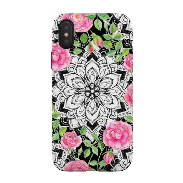 iPhone Xs / X StrongFit Peach Pink Roses and Mandalas on Black and White Lace by Micklyn Le Feuvre